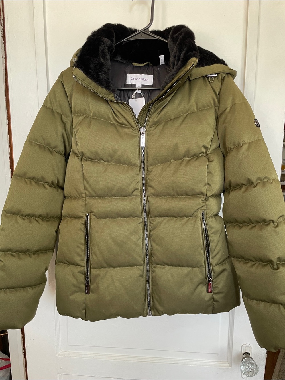 Calvin Klein Olive Quilted Puffer Jacket with Faux Fur-Lined Hood